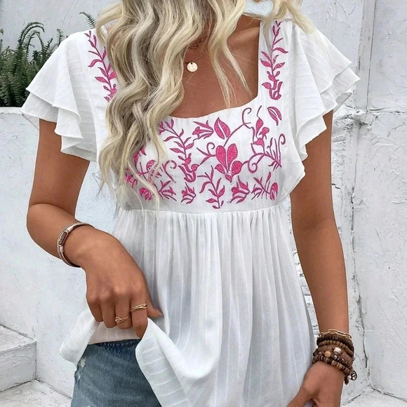 Tops - Women's Summer Holiday Plant Embroidery Ruffle Sleeve Shirt